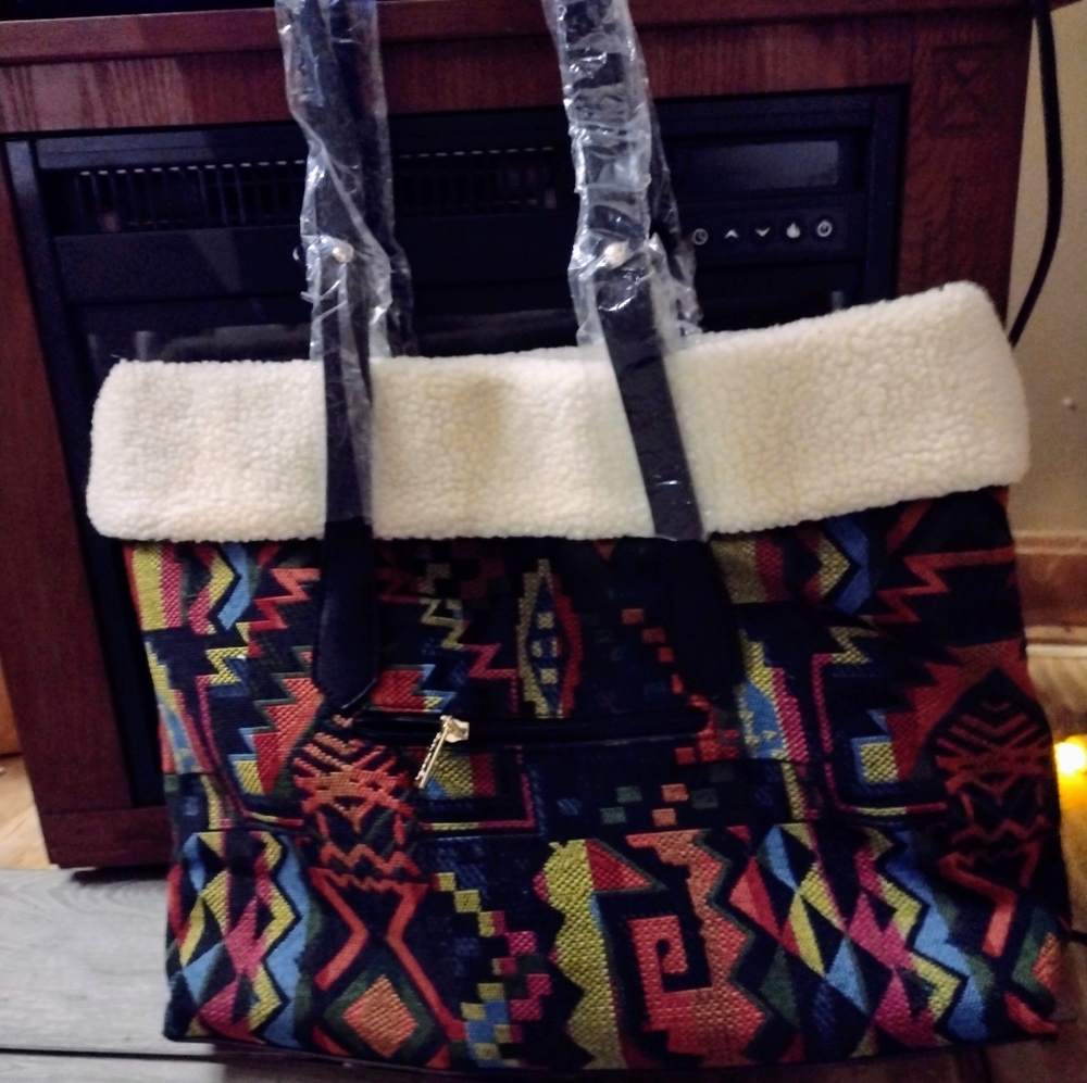 Aztec winter bag with faux fur by Pink Haley crossbody/tote many ways